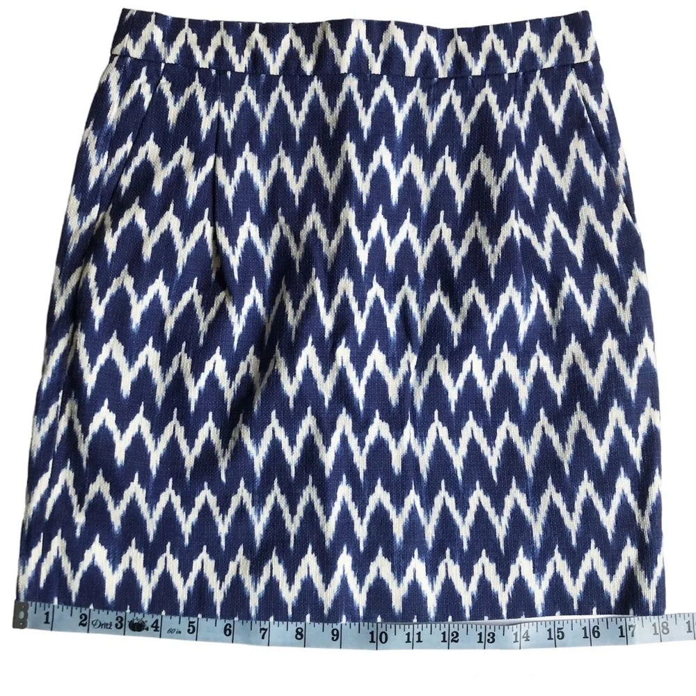 J.Crew Ikat Mini Skirt Blue Ivory Chevron Cotton Sz 0 Preppy Summer Coastal